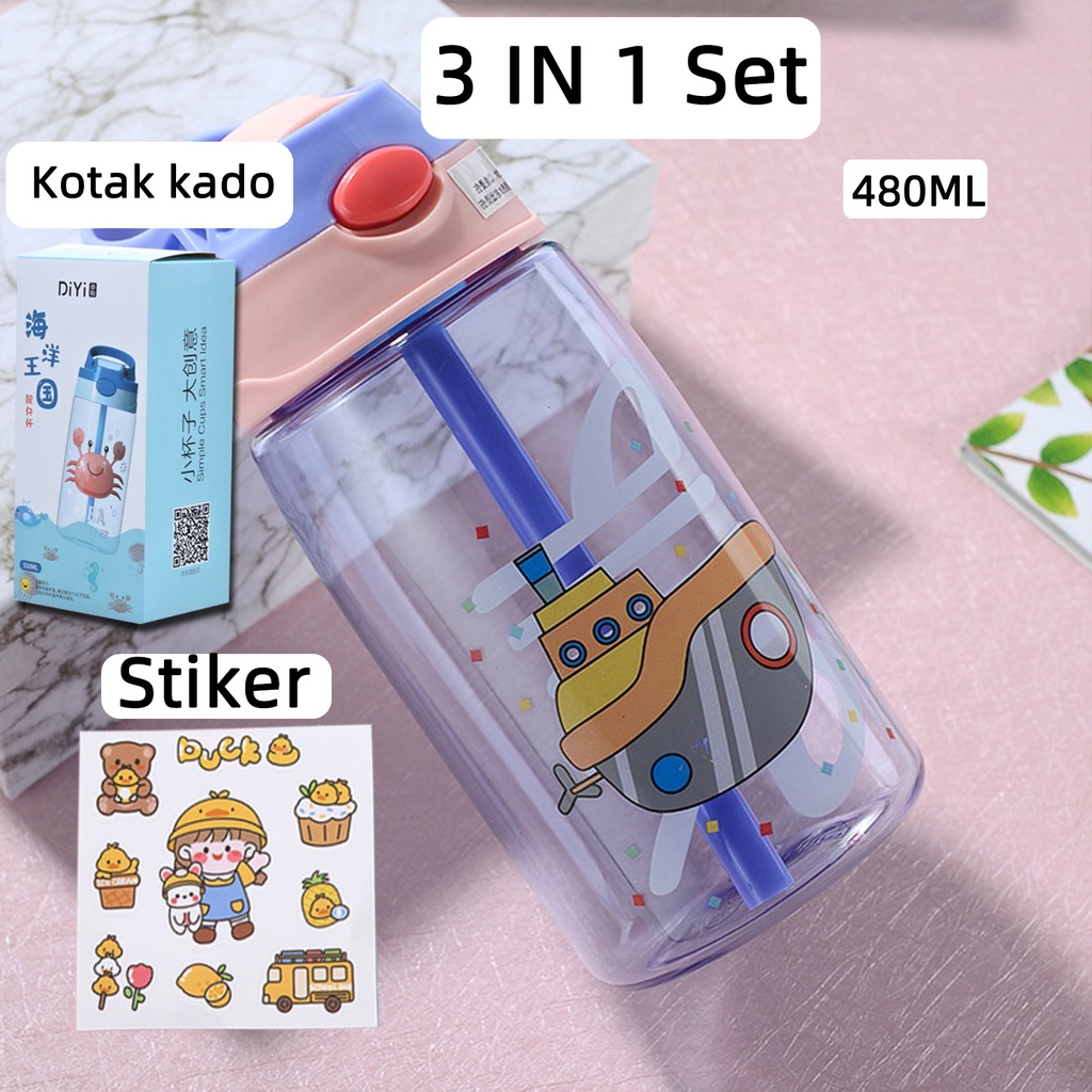 Botol Minum Anak Desain Unik Variasi Motif Karakter terdapat Sedotan BPA FREE bottol minum sedotan cangkir jerami cangkir plastik lucu cangkir kartun portabel 480ML 1000ML-kapal selam 3 IN 1