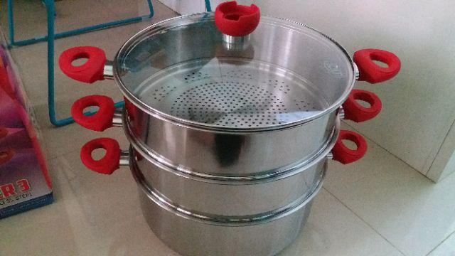 Panci Susun 3 Supra Super Steamer 32 Cm Besar Stainless Steel Kukus Tingkat Masak Arisan Tutup Kaca