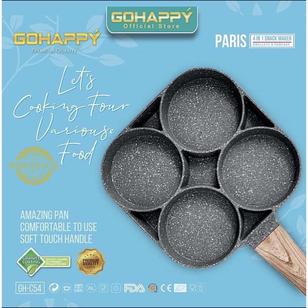 Frypan 4 in 1 Marble Coating- OMELETTE PAN GOHAPPY | Panci Cetakan kue breakfast 4 in 1 telur mie pancake paris