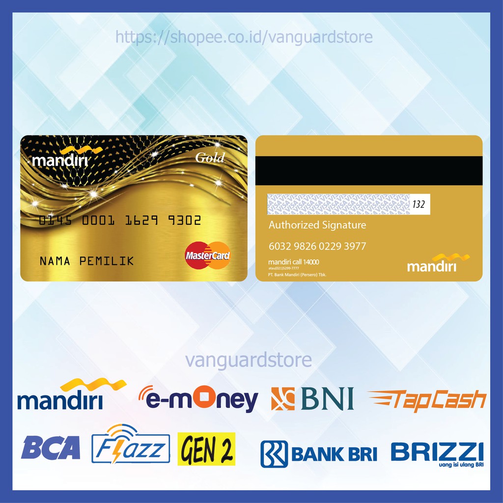 KARTU E MONEY E TOLL DESIGN CREDIT CARD 8 EMONEY MANDIRI FLAZZ BCA BNI TAPCASH BRIZZI BRI - 2 SISI