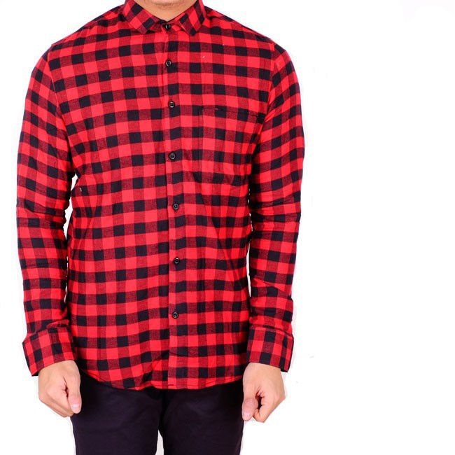 Brotherholic Kemeja pria flanel lengan panjang black grey / baju cowok flanel kotak slim panjang