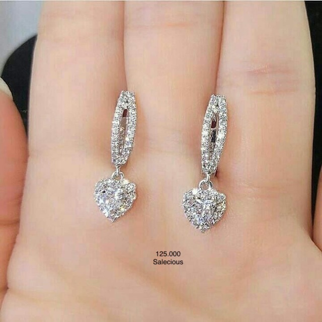 Anting love perhiasan Lapis emas luxury dengan zircon italy asli