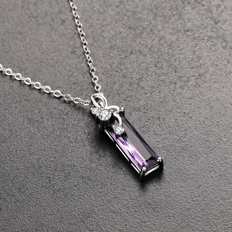 [Ready Stock]Fashion Plated S925 Sterling Silver Rectangle Amethyst Diamond-Studded Necklace