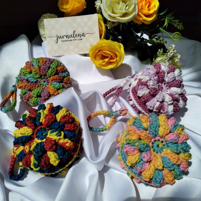 dompet koin rajut popcorn bulat (gradasi)