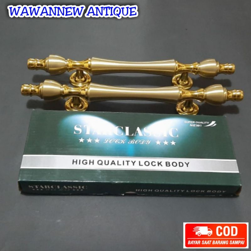 Handle Pintu / Gagang Pintu Rumah Kuningan + 1 Set Body Kunci Motif Dahlia 34cm