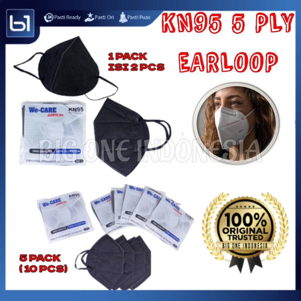 Masker KN95 5 PLY Earloop We Care Premium, KN95 5ply Hitam, KN95 5 Ply Putih, KN 95 5 Layers White &