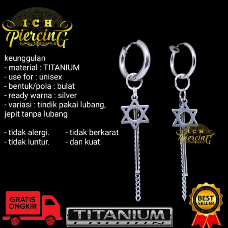 VIRAL Anting HOOP Bintang hexagram Batang Rantai Titanium / Anting Hits Terlaris / Anting Pria Wanita / ICH PIERCING