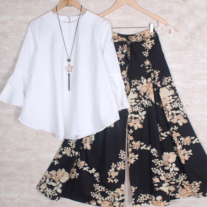 STELAN KULOT ARIES BLACK BLOUSE PUTIH KATUN JEPANG