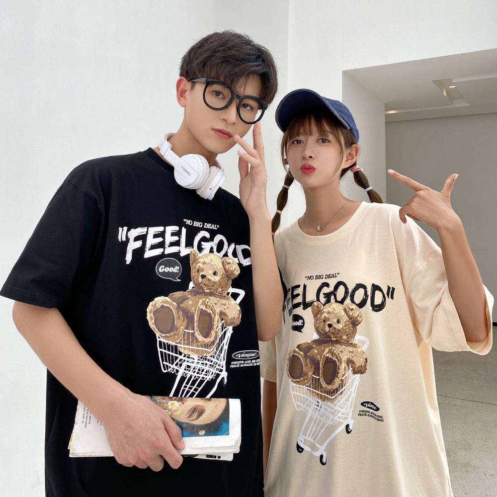 [littlecrab] Kaos Oversize Teddy Bear Trolley Kaos Couple T-Shirt Hitam Cream Kaos Feel Good Korean Style