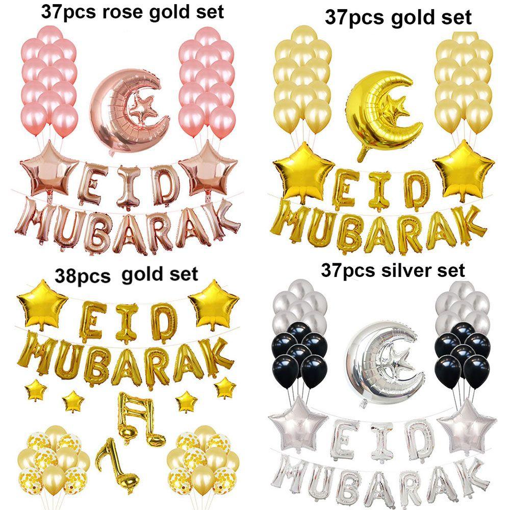 Suyo 37 / 38pcs / Set Balon Foil Motif Eid Mubarak + Bulan + Bintang Untuk Dekorasi Pesta / Festival