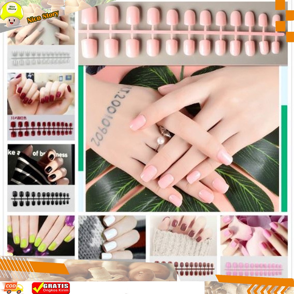 (NCS) KUKU PALSU 24 Pc False Nails Fake Panjang POLOS TANPA LEM 1 WARNA