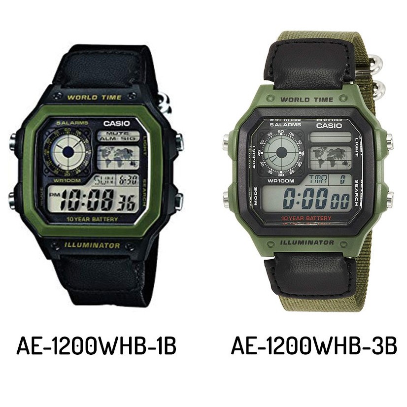 Casio Original AE-1200WHB-3B (Jam Tangan Pria - Digital - Canvas - Hijau Army)