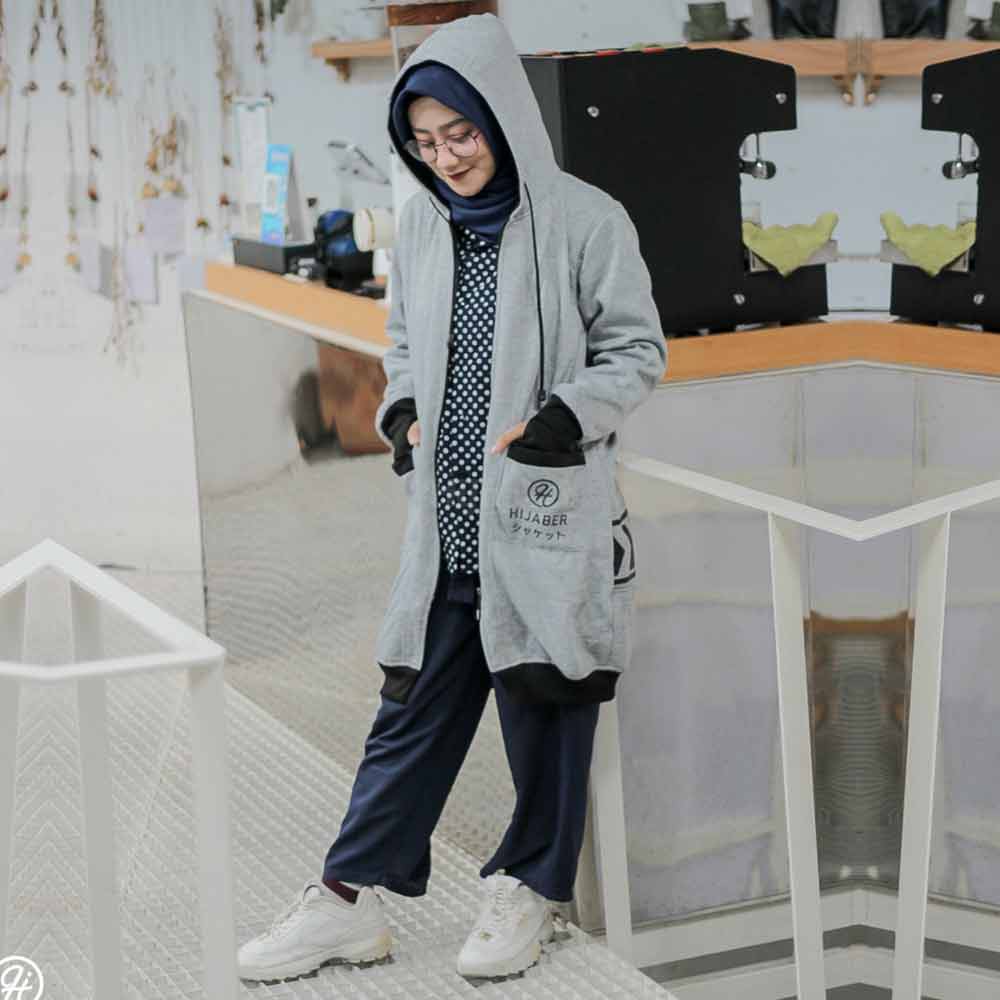 Jaket Jacket Hoodie Panjang Wanita Cewek Hijabers Roundhand Finger Warna Abu Hijacket YK Grey-1
