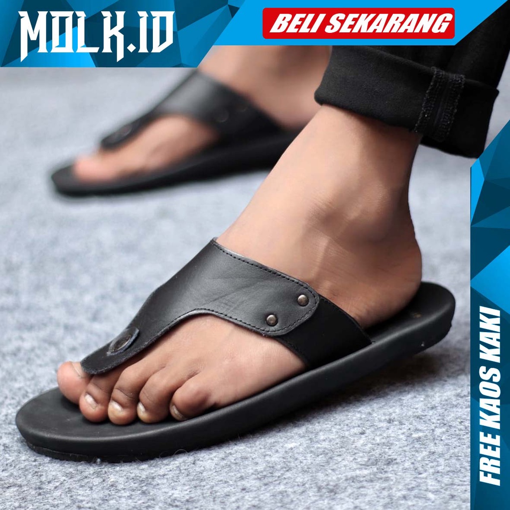 MOLK|Sendal Kulit Pria Trendy KekINIAN Original Distro Traveling Cowok Hitam Murah