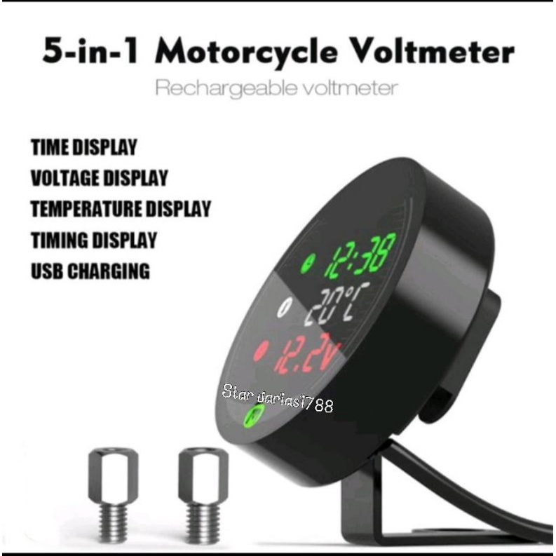 Voltmeter sepeda motor bulat 5in1 plus USB jam waktu pengatur suhu waterproof