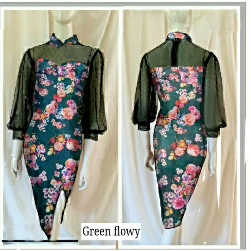 Dress bodycon Tile Isabella flowy turtle neck lengan balon dress pesta bunga