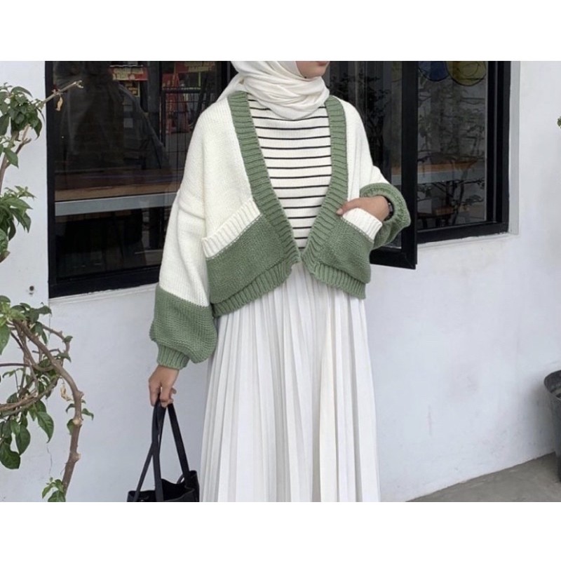 cardigan rajut 2 tone/warna