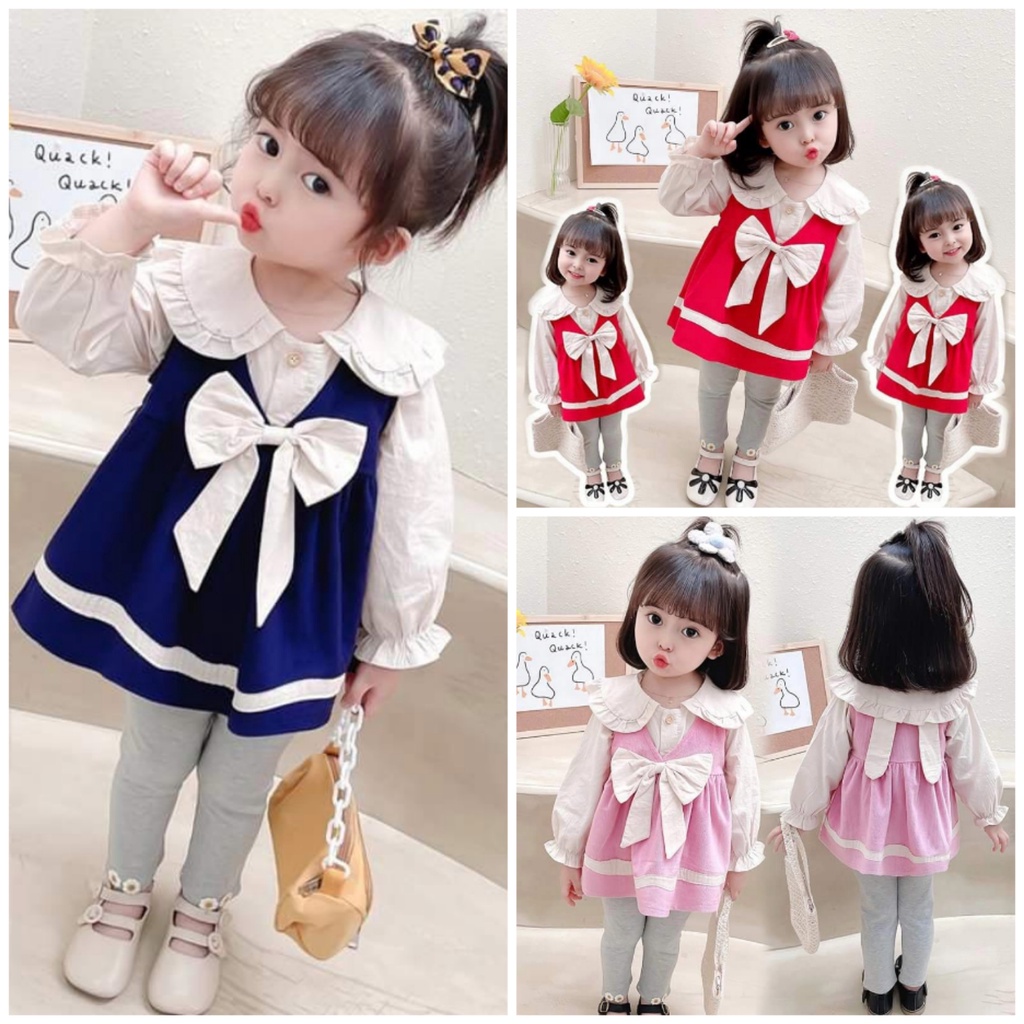 Setelan Anak Perempuan Outer Big Ribbon  Set 3in1 (baju, outer, celana)