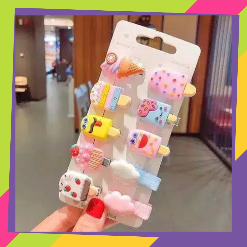 1253D1 / Set klip jepit rambut kartun / Unicorn / Pelangi / Es krim