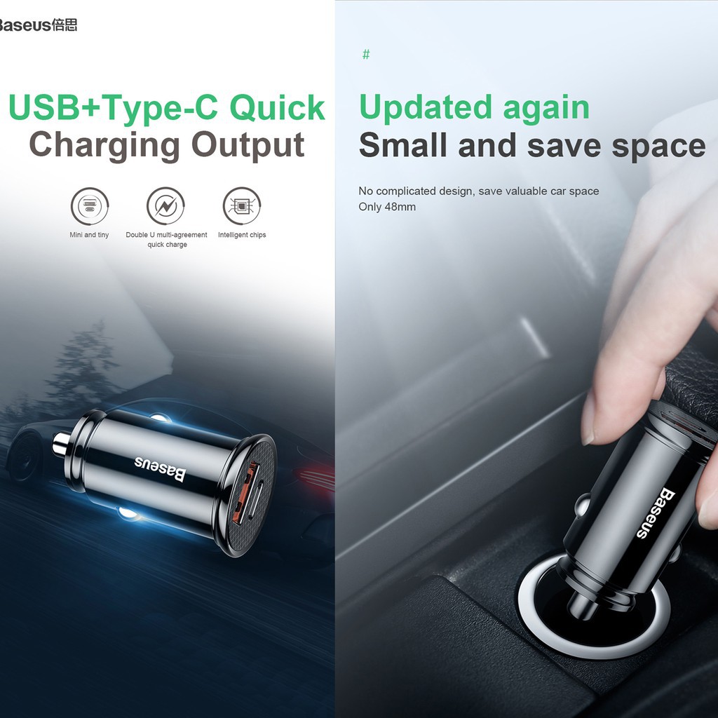 Car Charger Baseus 30w Type-C Pd+Usb Quick Charge 3.0