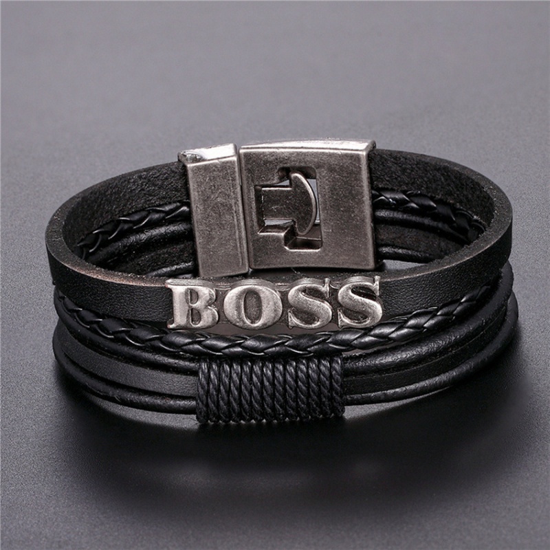 Gelang Multilayer Bahan Kulit Motif Tulisan Boss Gaya Retro Untuk Pria