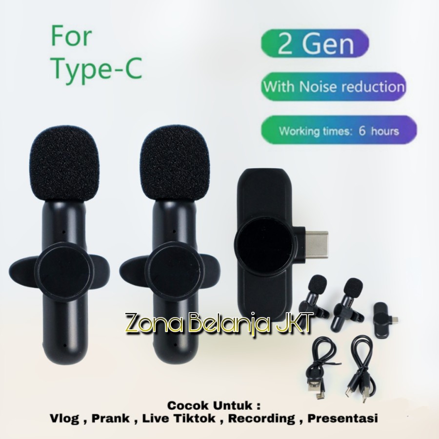 Microphone Mic Clip on Wireless Vlog Live Podcast Untuk Smartphone Android HP 2 Mic