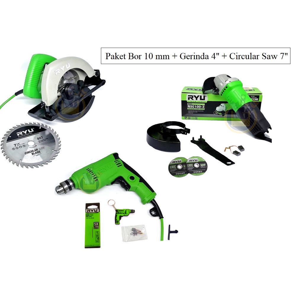 PAKET HEMAT RYU Mesin Gerinda Tangan 4 inch RSG 100-3 + Bor Tangan Listrik Bolak Balik 10 mm RDR 10-3RE + Circular Saw Circle 7 Inch RCS 185-1