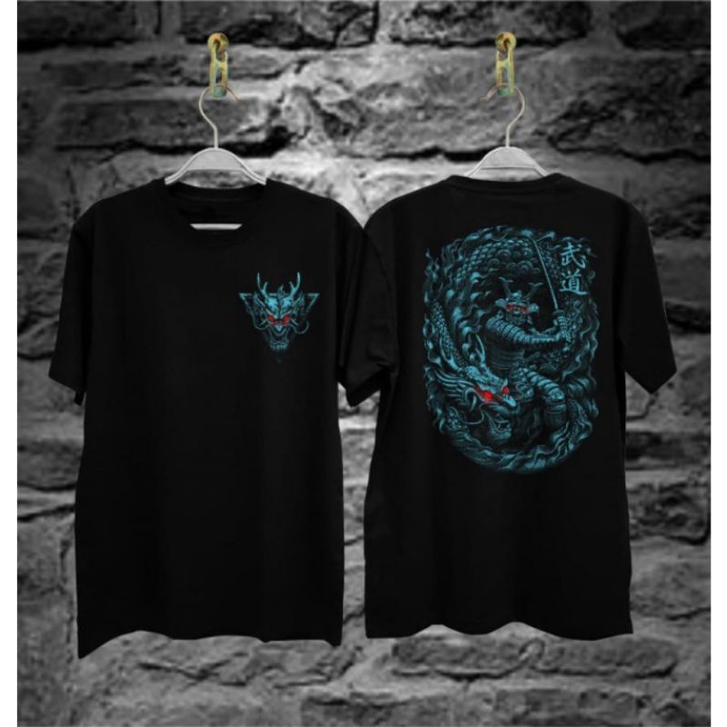 kaos distro atasan pria // lengan pendek motif // samurai Jepang  // Ronin naga biru terbaru dan ter