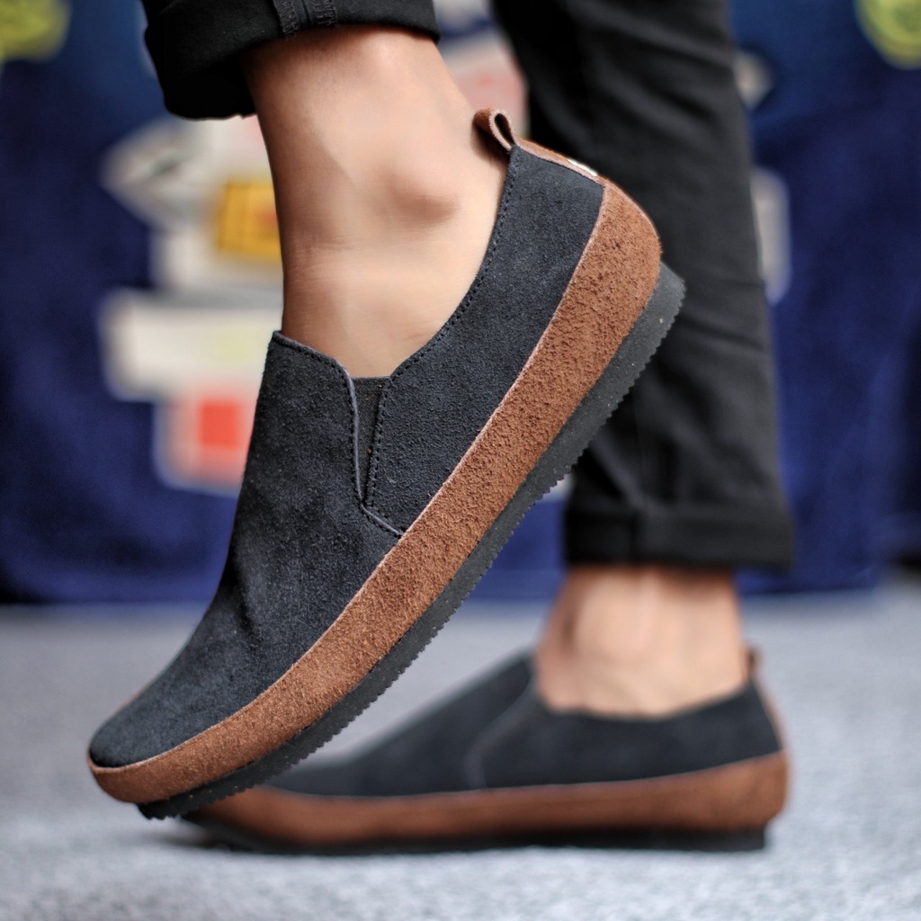 MARO Sepatu Casual Slop Pria HItam Kulit Asli Suede Slip On Cowok Trendy Murah