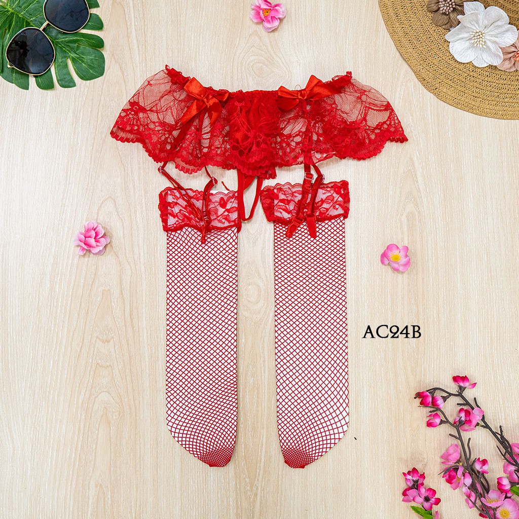 [BISA COD] STOCKING SEXY LEGGING TRANSPARAN + GARTER BELT MERAH AC24B