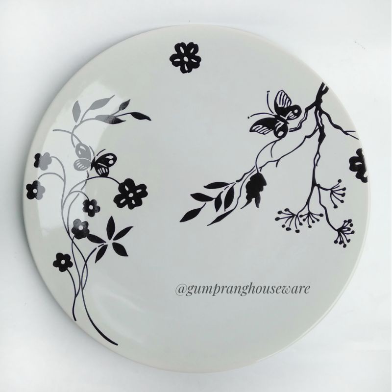 Piring makan keramik porcelain putih motif bunga hitam