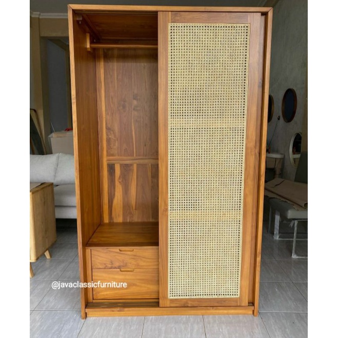 ALMARI PAKAIAN CUSTOM LEMARI SLEDING ROTAN MINIMALIS RETRO VINTAGE CABINET PINTU 2 LACI DALAM NATURAL BAHAN KAYU JATI TUA FURNITURE JEPARA-2