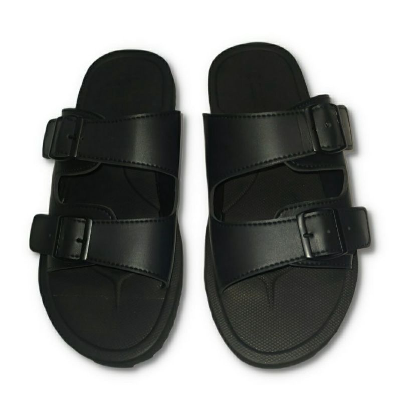 Sandal Slide Kulit Pria 002VZ Big Size 44-49 Sendal Kasual Cowok Slop Ukuran besar Size LUAR Negri Hitam, 49