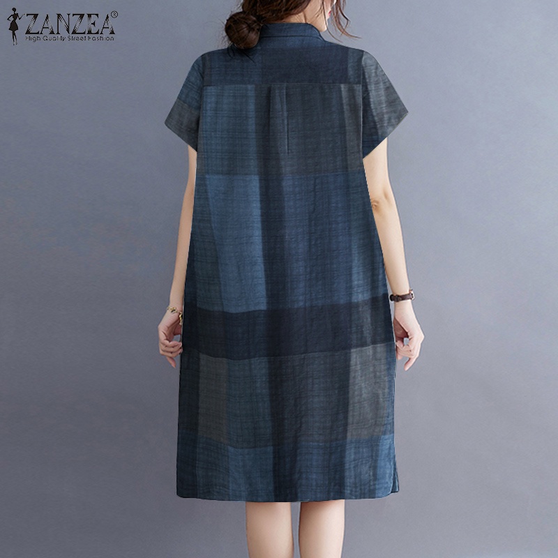 ZANZEA Womens Check Short Sleeve Turn-Down Collar Casual Loose Midi Dress