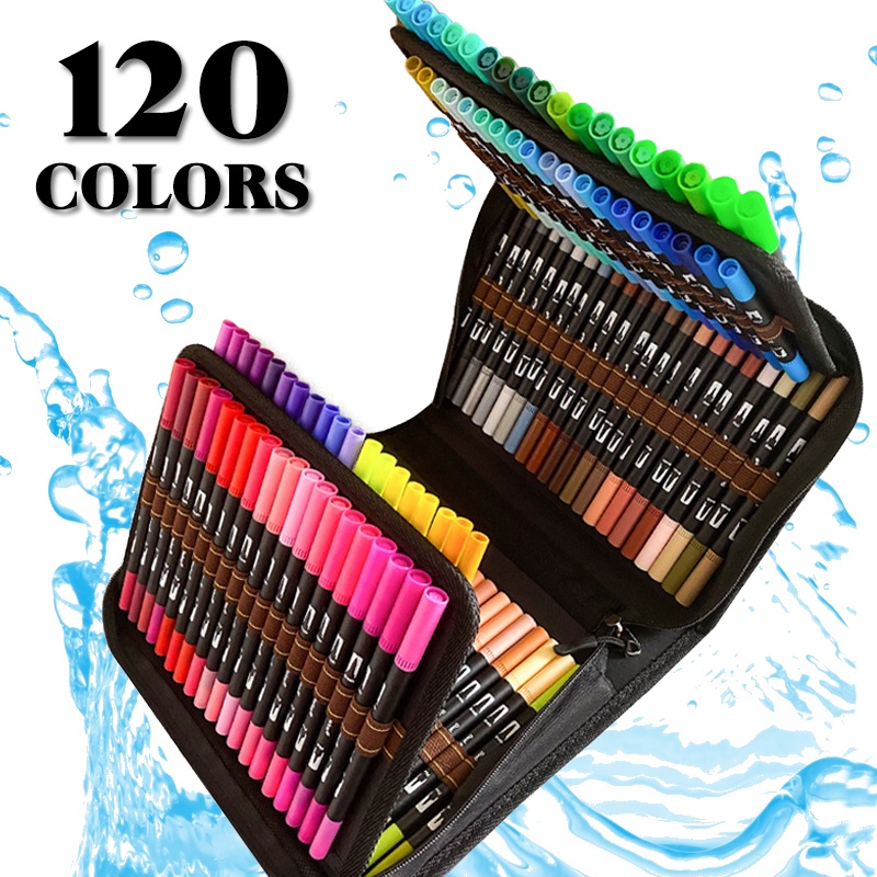 Pack of 120 Dual Tip Brush Art Marker Pen Coloring Markers Fine