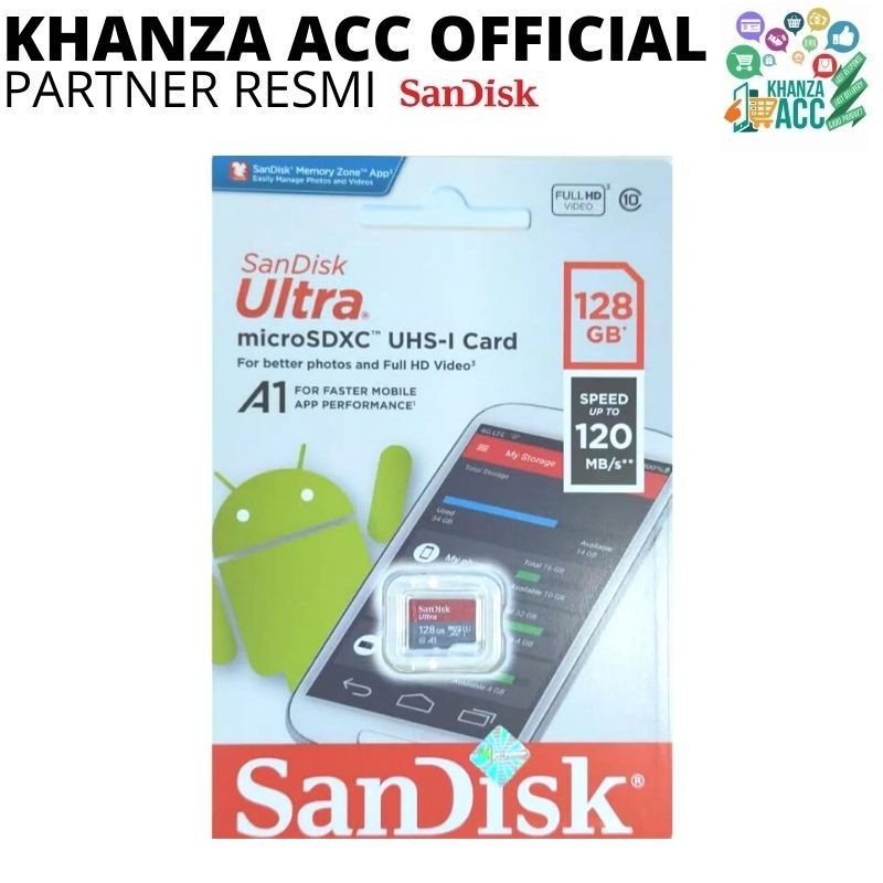 KHANZAACC Memory Card SanDisk Ultra Micro SD Card 128GB UHS-I A1 up to 120Mbps Memori Hp