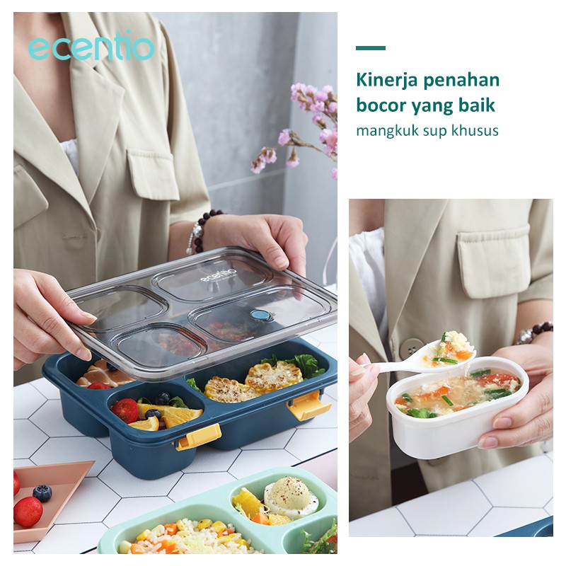 ecentio &amp; FOODI Lunch Box Set 3/4 Grid Sekat Kotak Bekal Makan Anti tumpah Tempat Tepak makanan Dan Sup/Free Sendok Garpu/BPA Free