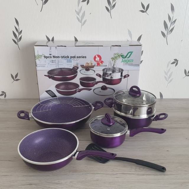 Jago panci set 9pcs teflon marble