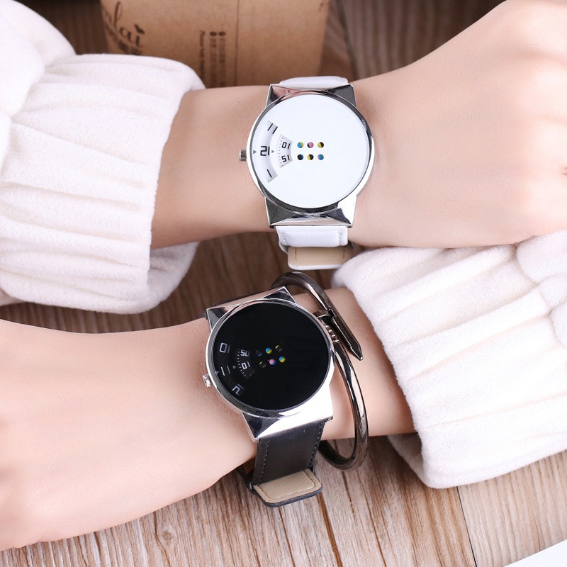 Jam Tangan Wanita Pria Mcy Kcy Moyibaby - Jam Tangan Quartz Bulat Hitam & Putih Untuk Pasangan-6