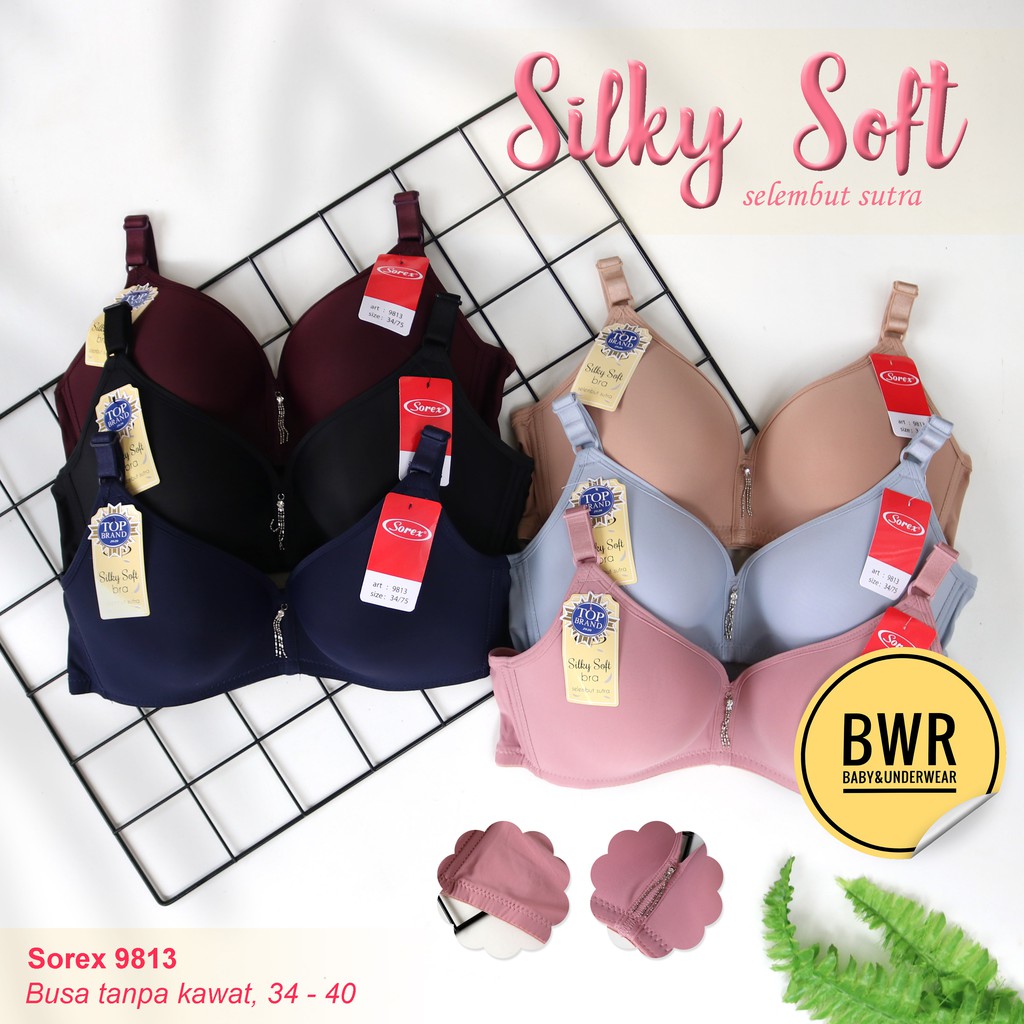 Bra Sorex 9813 Cup Besar | BH Busa Tanpa Kawat Silky Soft Kait Ornament mini Kancing 3 - Bwr