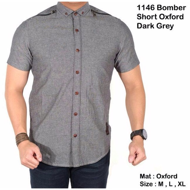 KEMEJA PRIA PENDEK BOMBER OXFORD DARK GREY