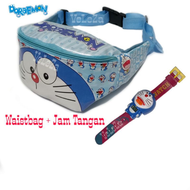Waist Bag Anak Karakter Doraemon 2in1 - Waistbag + Jam Tangan - Tas Anak