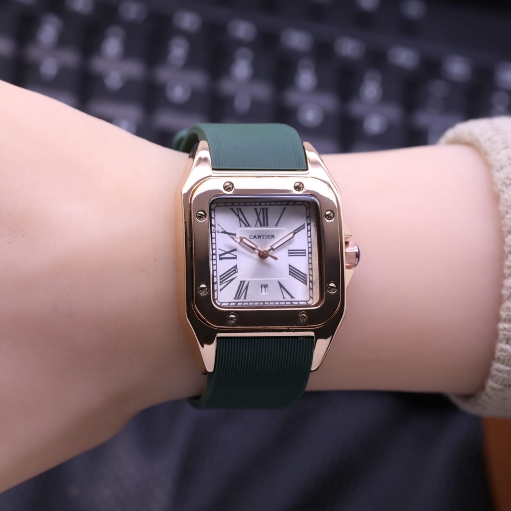 Jam Tangan Wanita fashion Cartier 3,5 cm Tanggal Aktif Tali Rubber/Jam tangan cartier