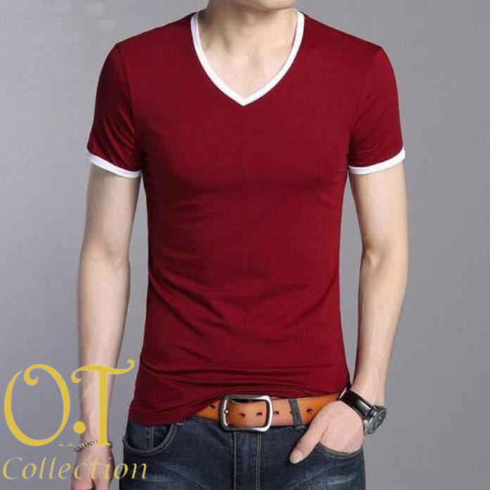 Kaos Pria V Neck List Kaos Polos Lengan Pendek Baju T Shirt Slimfit - Onesize Hitam High Quality