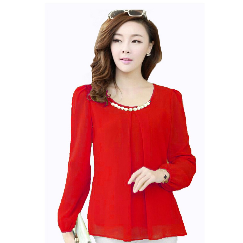 Blus Sifon Tangan Panjang Gaya Korea Terbaru - Necklace LS