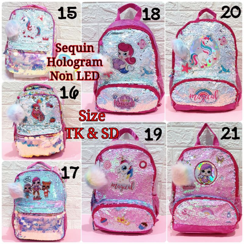 Tas Sekolah Anak Sequin Motif Gambar Frozen LOL Unicorn Ransel Sekolah Anak SD dan TK Sequin Usap Backpack Anak Perempuan dan Laki - Laki