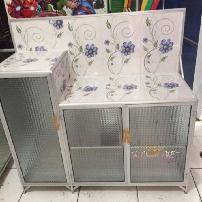 Rak Piring Pintu 3 Meja Dapur Sehat Alumunium Kaca