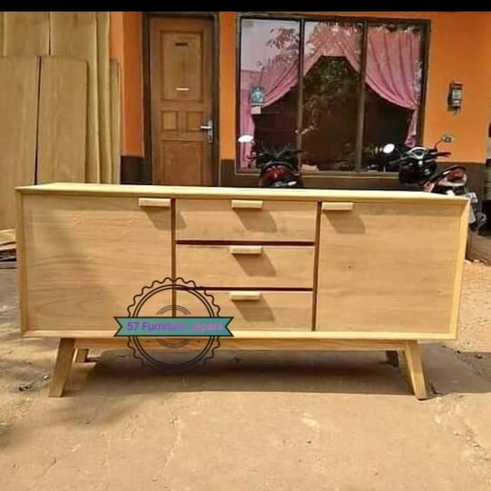 Lemari sekat ruang tamu jati mentahan bufet pendek hias retro