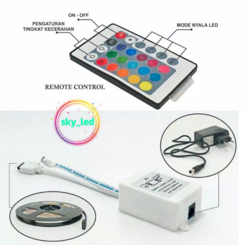 PKAET Lampu Led Strip RGB Warna Warni IP44 2835 3528 Komplit Set Adaptor Remote