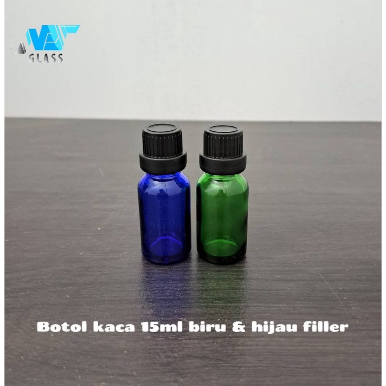 botol kaca 15ml hijau biru tutup filler hitam / botol essential 15ml